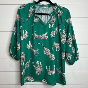 Carole Christian Vibrant‎ Green Blouse with White Tiger Print. Size Small.